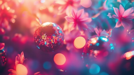 Flowers and disco balls close-up. The spring concept, the dynamics of the dance of life. Festive Ornament and Flowers. 