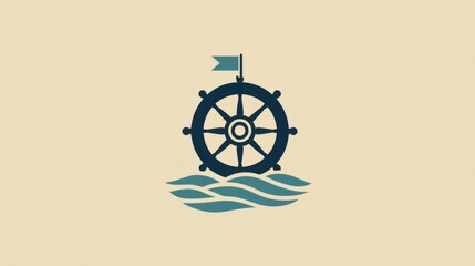 Creative nautical design featuring a ship's wheel above stylized waves with a flag in a minimalist style for maritime themes. Generative AI