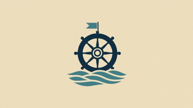 Creative nautical design featuring a ship's wheel above stylized waves with a flag in a minimalist style for maritime themes. Generative AI