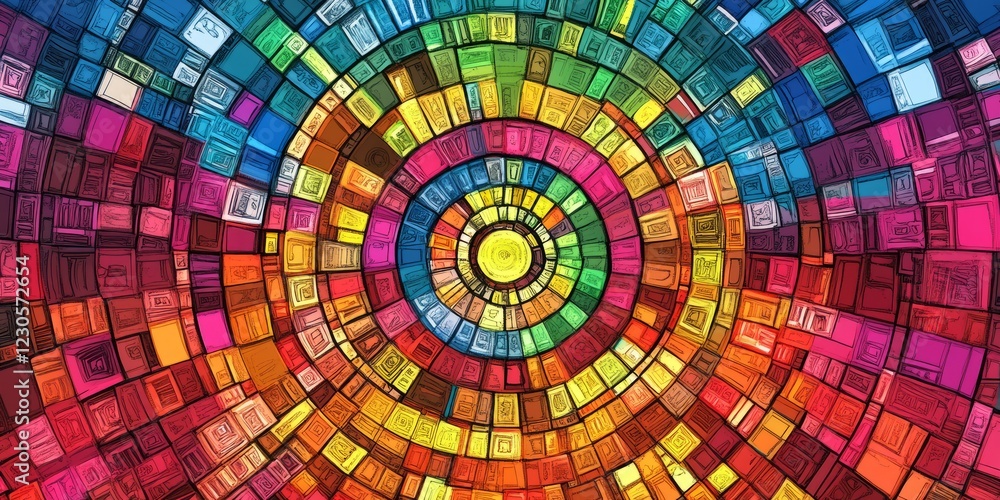 Poster a colorful abstract stained glass pattern featuring a circular design with vibrant geometric shapes 