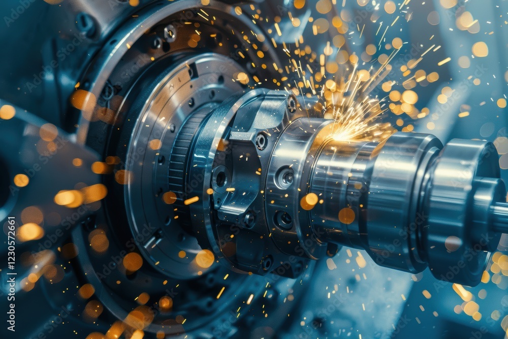 Poster precision engineering: cnc machine milling high-strength alloy with flying sparks