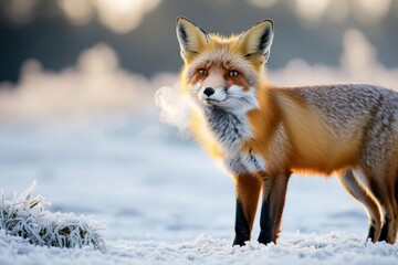Obraz premium In a frost-covered field at dawn, a wild red fox stands alert, its breath visible in the cold air. The tranquil scene captures the beauty and strength of nature's wildlife