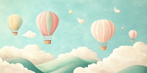 Obraz premium Pastel Hot Air Balloons Soaring Over Gentle Hills