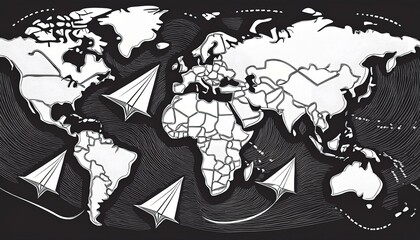 Obraz premium beautiful world map with paper planes and trace lines; travel, geography, navigation, exploration concept