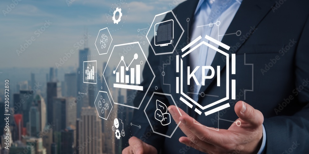 Poster businessman presenting kpi dashboard with key performance indicators on hologram interface