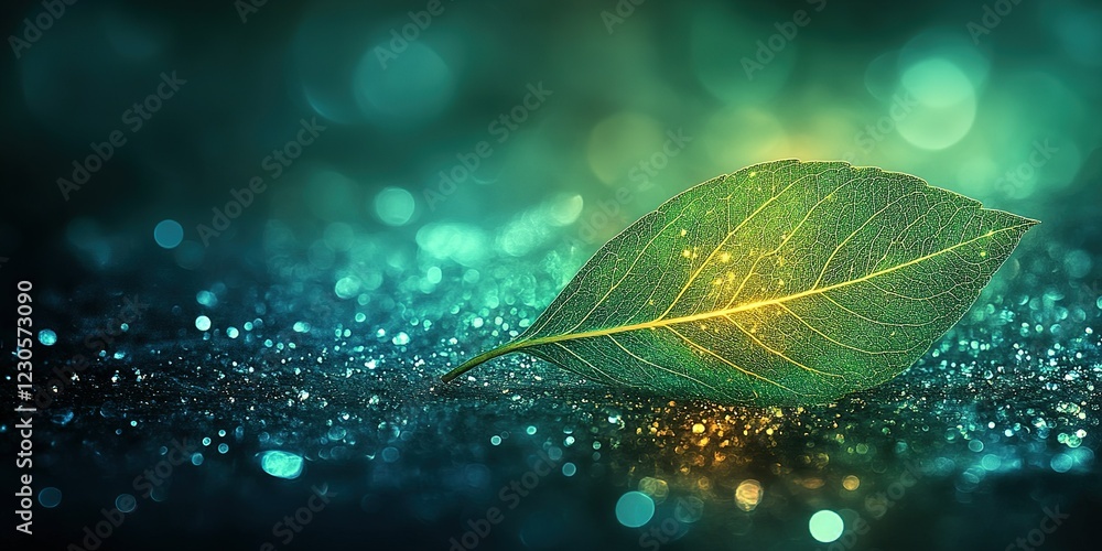Poster natural leaf illuminated by soft lighting with a sparkling background in an artistic display of colo