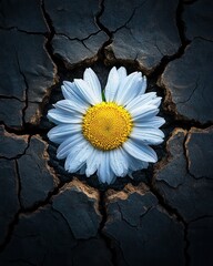 A lovely magic flower emerges from the cracked earth, showcasing its vibrant colors and delicate petals against an unforgiving backdrop, symbolizing hope and renewal