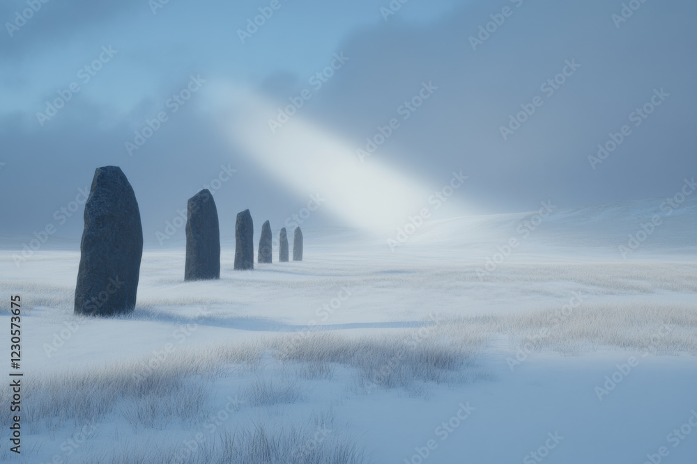 Poster a field of snow with a few large rocks in the foreground
