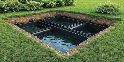 Water storage system installation in a residential backyard for sustainable gardening practices and water conservation efforts