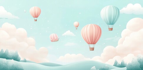 Obraz premium Pastel Hot Air Balloons Drifting Over Gentle Hills