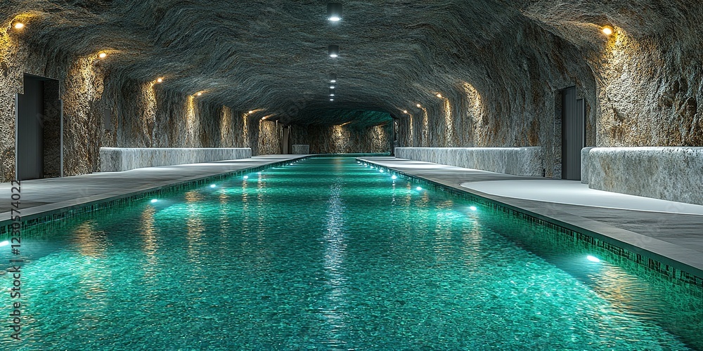 Poster relaxing indoor pool in a subterranean setting with glowing lights and a tranquil atmosphere