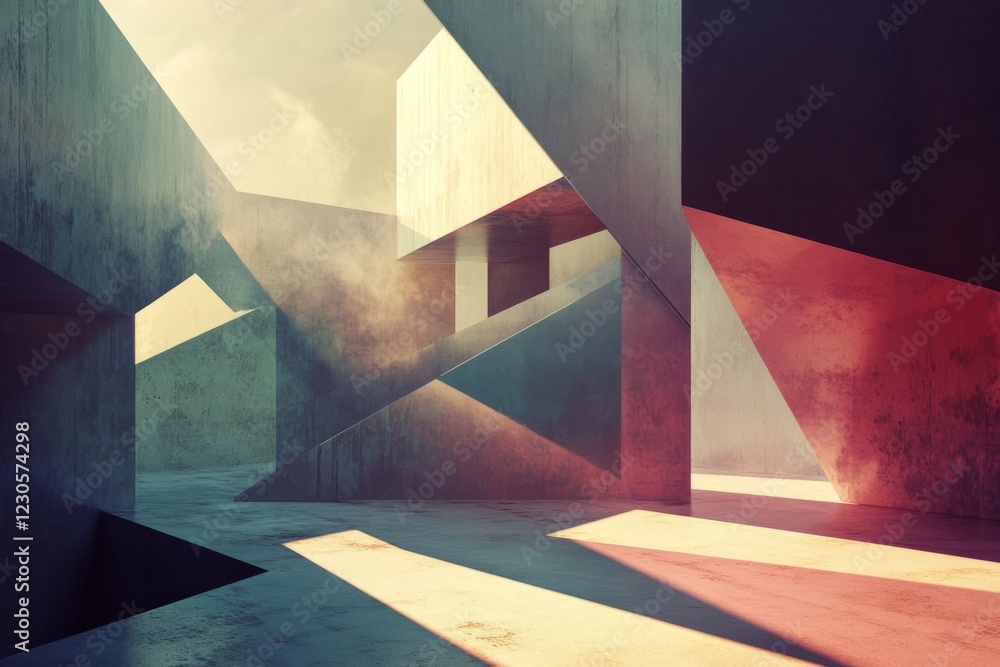 Poster a stunning abstract architectural scene featuring geometric shapes and dynamic lighting, creating a 