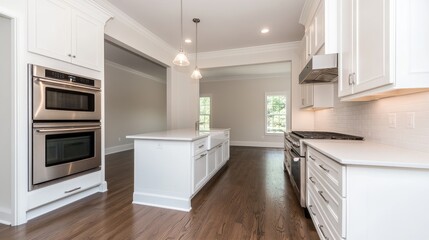 Modern kitchen interior featuring white cabinetry, stainless steel appliances, and hardwood flooring