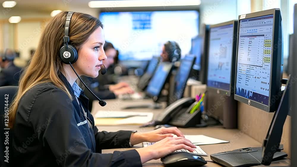 Poster customer service representatives efficiently handling calls in a bustling office setting.