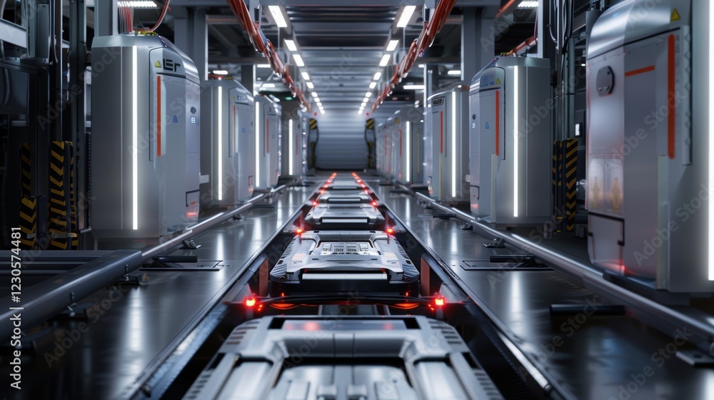 Poster futuristic electric vehicle battery assembly line with automated systems and led lighting