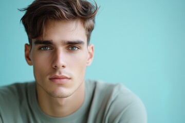 Fototapeta premium Portrait of a Young Man with Stylish Hair Against a Soft Blue Background