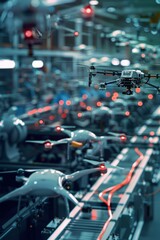 Futuristic Drone Manufacturing with Advanced Robotics and Data Analytics in a High-Tech Assembly Line