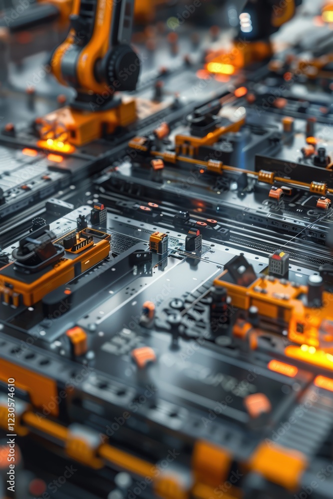 Poster futuristic robotic assembly line for modular construction panels and quality control teams