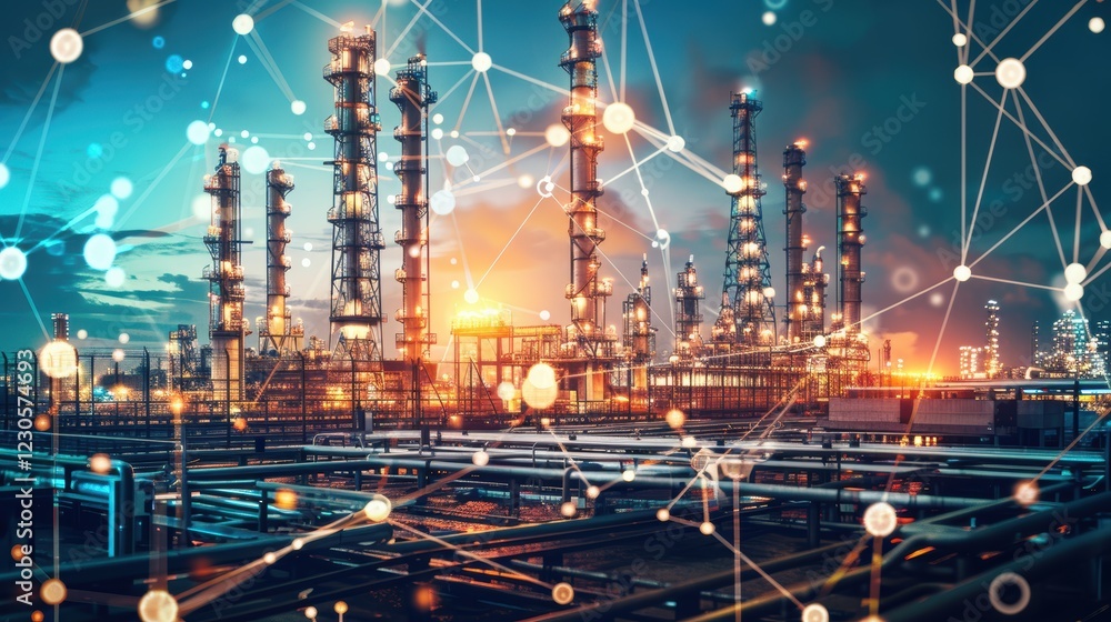 Poster futuristic digital twin in manufacturing plant with real-time data and analytics visualization