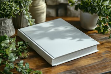 Closed white hardcover book on wooden table with plant shadows, perfect for book cover mockups
