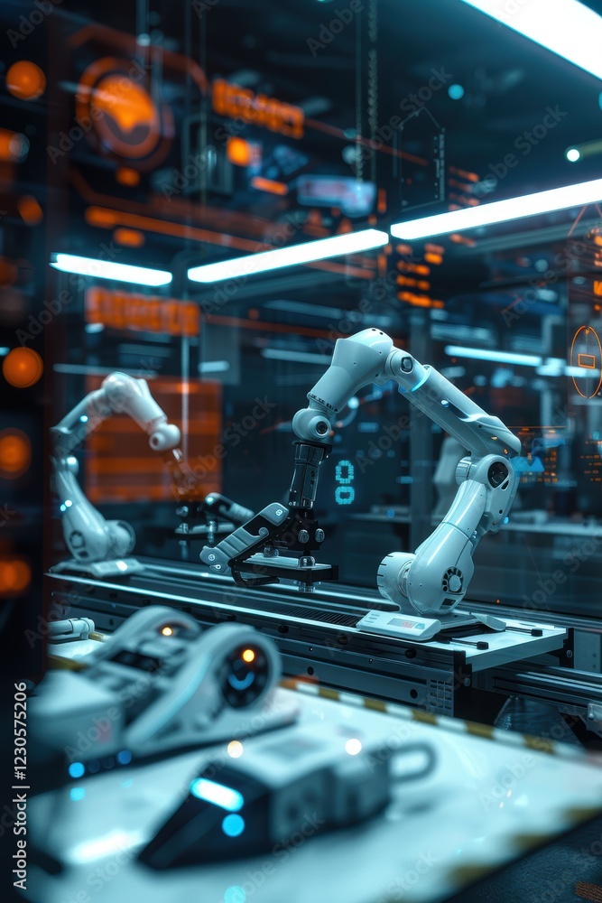 Poster futuristic factory with robotic arms and holographic interfaces for smart home systems