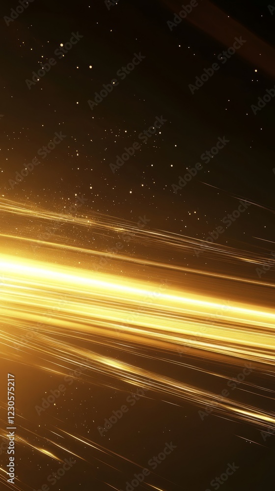 Poster dynamic golden light streaks with sparkling particles on a dark background, perfect for futuristic a