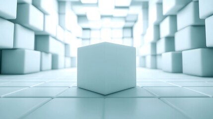 Abstract 3D Cube in White Geometric Room Background