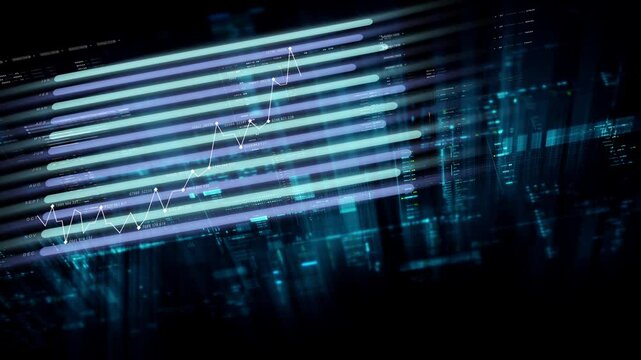 Futuristic data matrix simulation featuring metaverse-inspired elements, an information network, and hi-tech digital data telemetry with encrypted numbers. A dynamic background for computer display