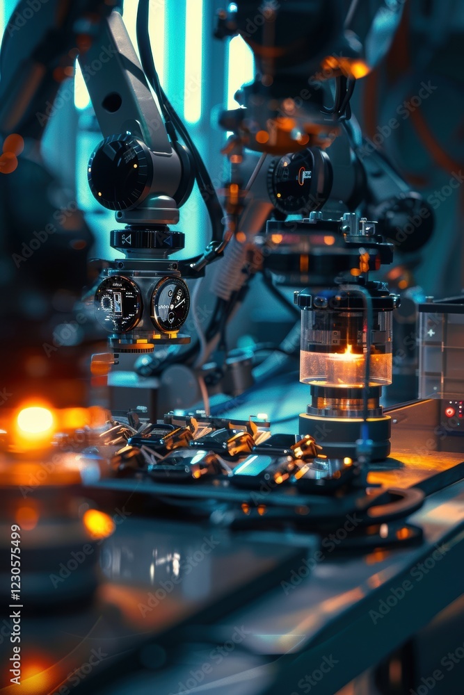 Poster robotic assembly of futuristic smartwatches in a high-tech laboratory setting