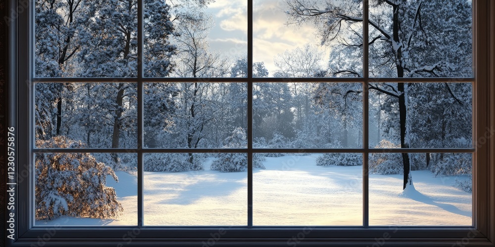 Poster a window with a view of a snowy field and trees
