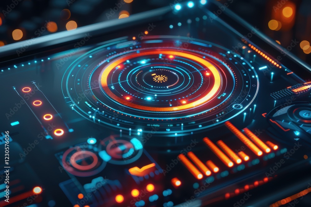 Poster futuristic smart home app interface with holographic progress bar for connectivity