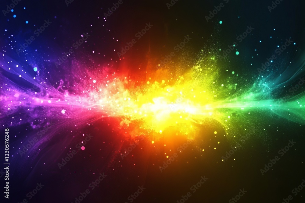 Poster dynamic abstract rainbow light burst with sparkling particles on a dark background, perfect for crea