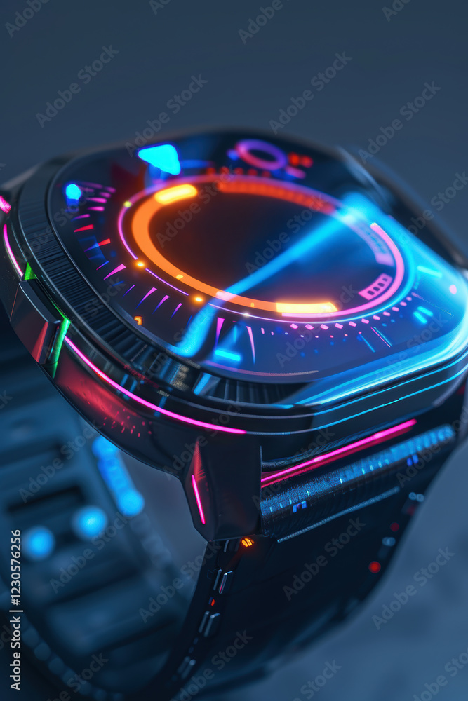 Poster futuristic neon progress bar on smartwatch interface for health tracking and goal completion