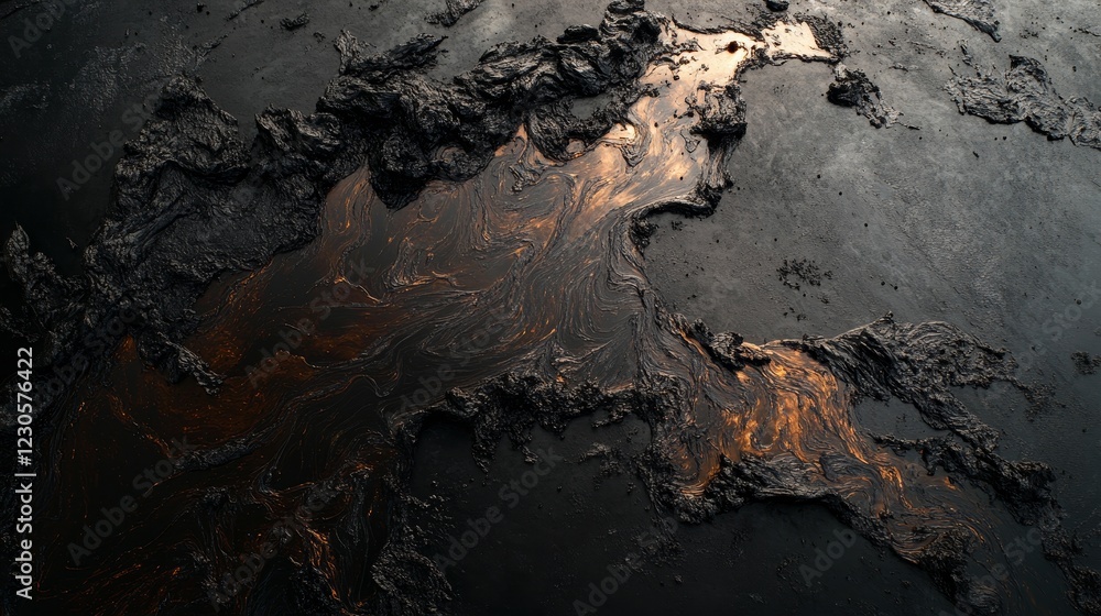 Poster a captivating abstract image showcasing dark textures with shimmering liquid patterns reflecting lig