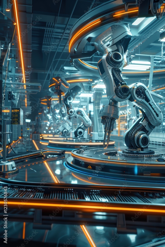 Poster futuristic smart factory: robotic systems and engineers creating clean energy devices