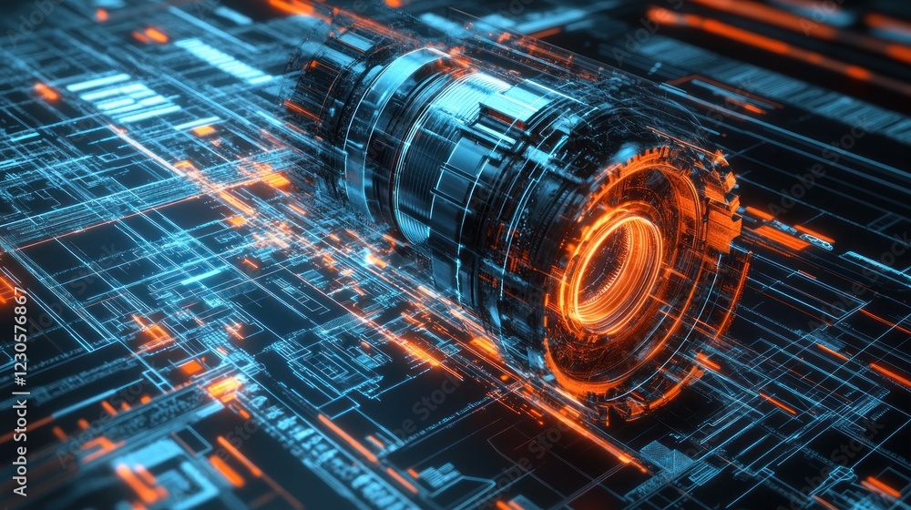 Poster futuristic technology cylinder rotating on circuitry