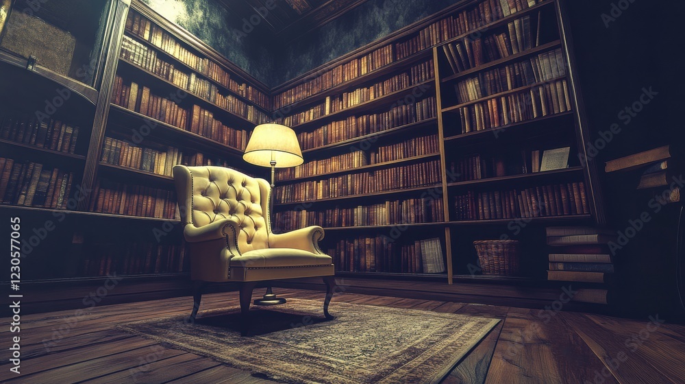 Poster cozy reading nook with an elegant armchair and warm lamp in a rustic library setting