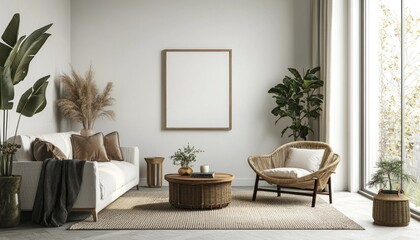 Portrait wooden frame mockup against a clean white background, d for a simple and modern aesthetic