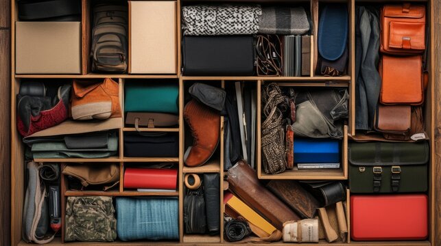 Overhead view of a neatly organized wooden drawer filled with various personal belongings.