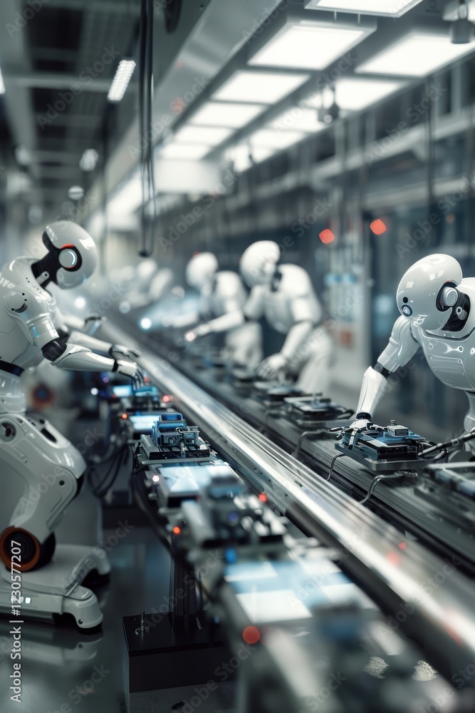 Poster futuristic assembly line with robotic arms and engineers overseeing electronics production