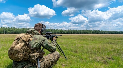 Camouflaged Soldier Aiming Sniper Rifle In Field
