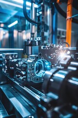 Fototapeta premium Innovative Engineers Testing Aerospace Components with Holographic Interfaces in High-Tech Lab