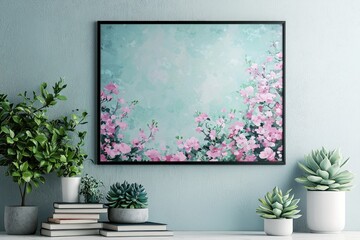 Poster mockup on a white wall with a horizontal metal frame, succulents, and books. Generative AI