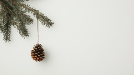 Fototapeta premium Pine cone ornament hanging from fir branch on white background.