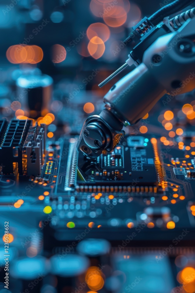 Poster macro view of automated soldering in high-tech electronics manufacturing plant