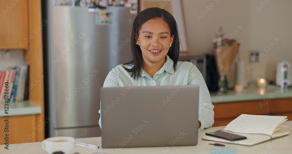 Poster remote work from home, laptop and woman with smile, internet and connection with online reading. per