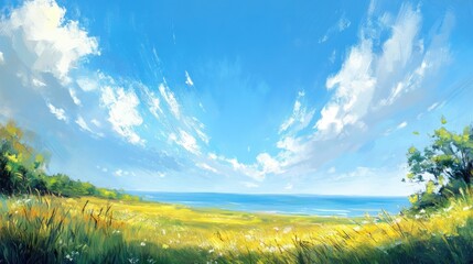 Fototapeta premium Serene Coastal Meadow Under a Summer Sky