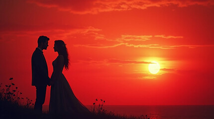 Romantic Couple Silhouette with romantic sunset Background, Valentine’s Day celebration