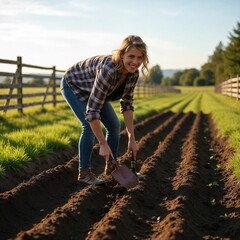Fototapeta premium Smiling Woman Planting Crops in a Sunlit Farm Field with Fresh Soil