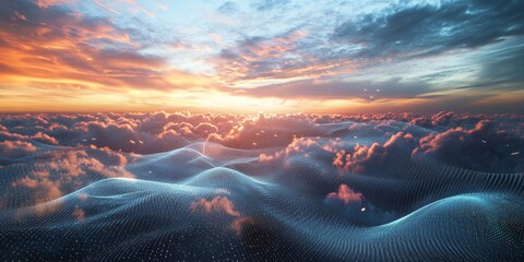 Stunning Digital Landscape of a Vibrant Sunset Above the Clouds with Futuristic Grid Overlay and Dynamic Sky